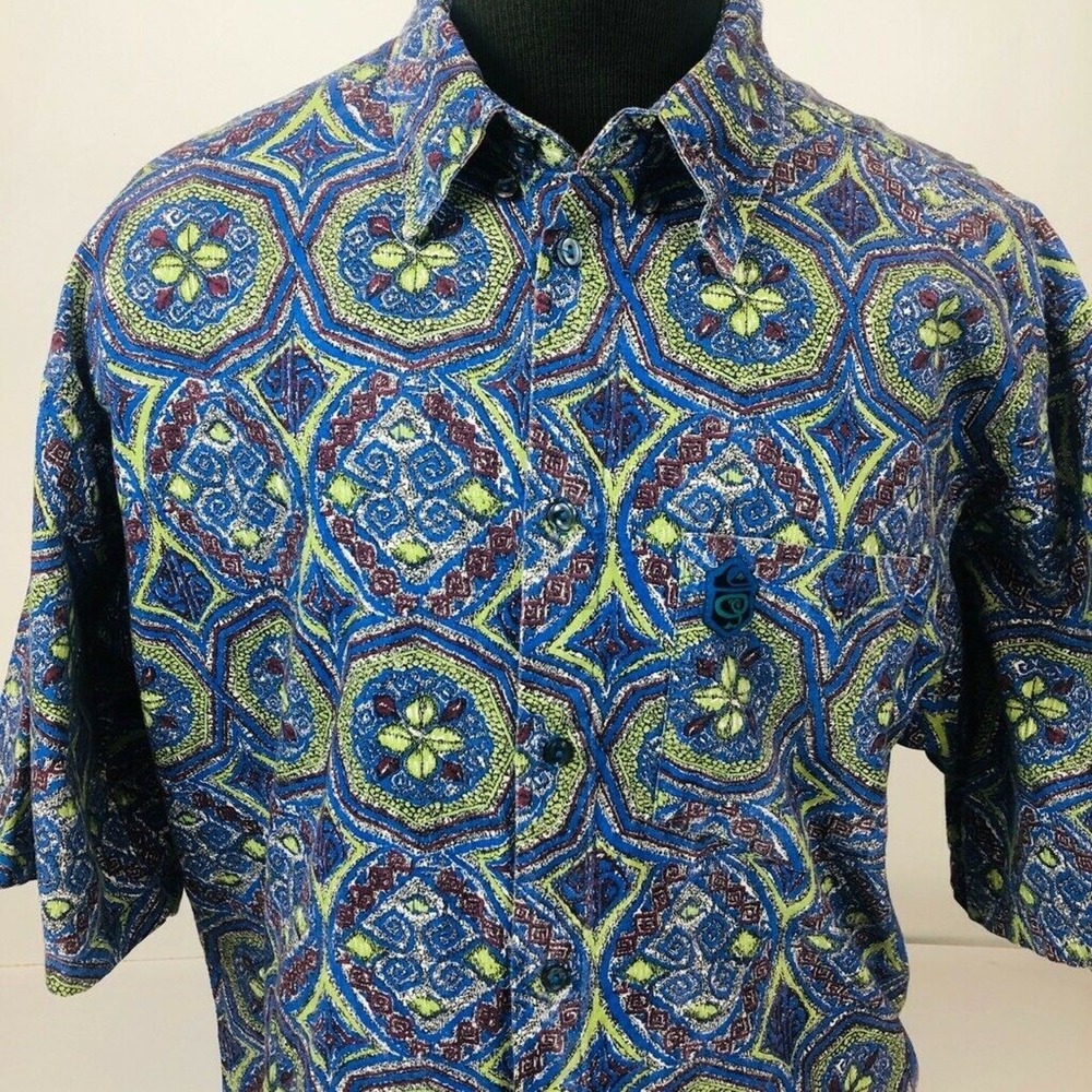 Vintage Quiksilver Mens 90s Shirt Blue Green Floral Hawaiian Short Sleeve L